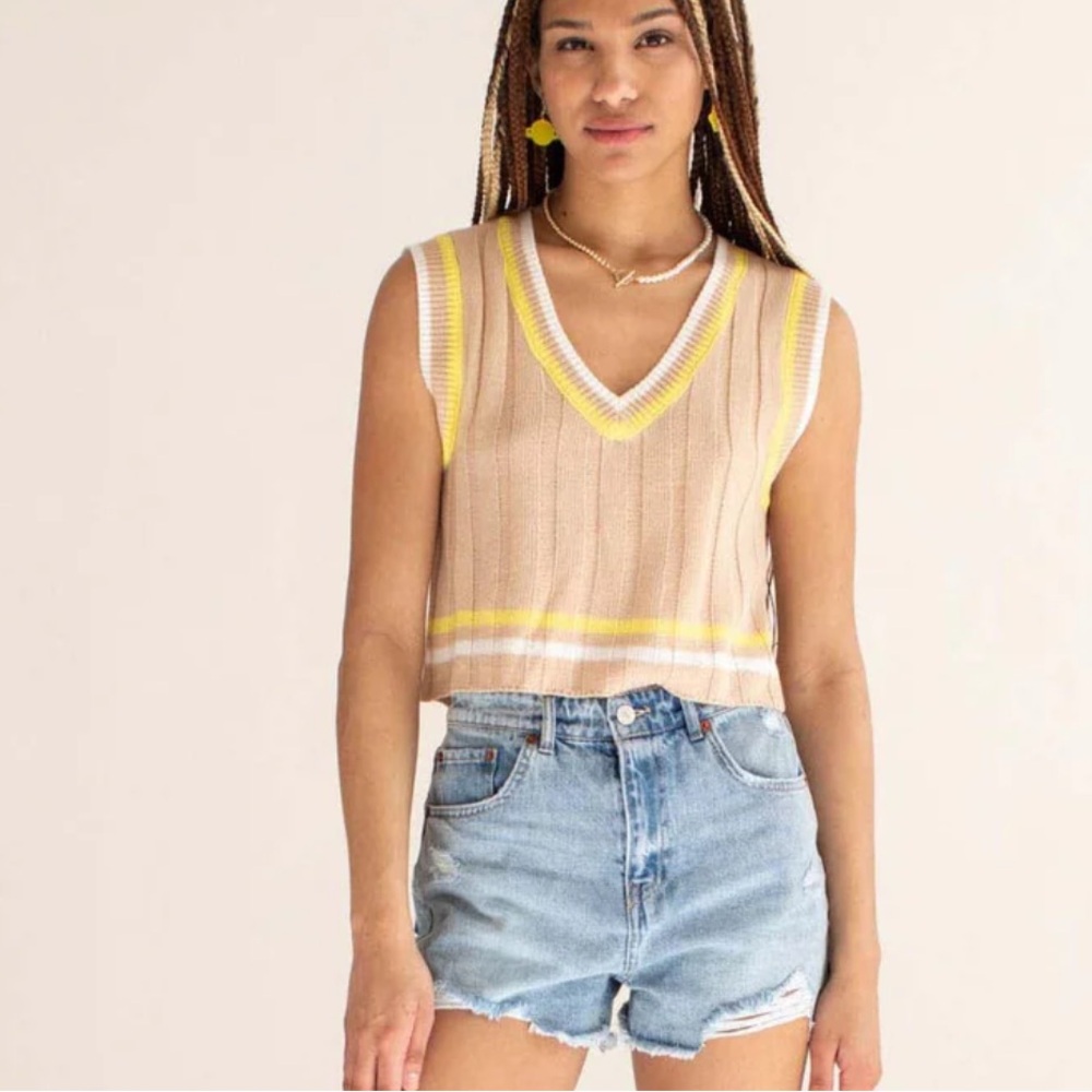 BDG Rori Boxy V-Neck cropped sweater vest Tan with yellow and white stripes